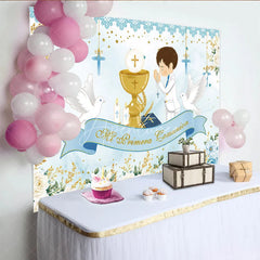 Aperturee - Aperturee Light Blue White Gold First Communion Theme Birthday Backdrop Praying Boy Chalice Doves Floral Decor.
