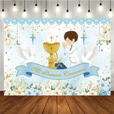 Aperturee - Aperturee Light Blue White Gold First Communion Theme Birthday Backdrop Praying Boy Chalice Doves Floral Decor.