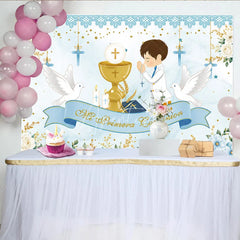 Aperturee - Aperturee Light Blue White Gold First Communion Theme Birthday Backdrop Praying Boy Chalice Doves Floral Decor.