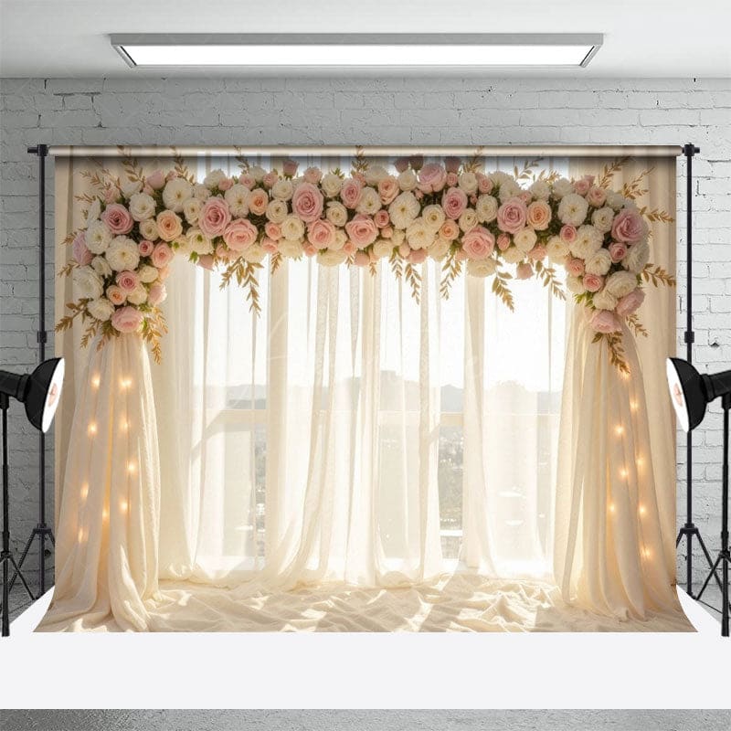 Aperturee - Aperturee Light Floral Pink Arch Window Sweet Wedding Backdrop