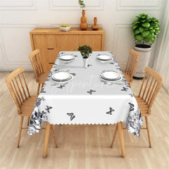 Aperturee - Aperturee Light Gray Butterfly and Floral Rectangle Tablecloth Elegant Scalloped Edge Dining Decor for Home