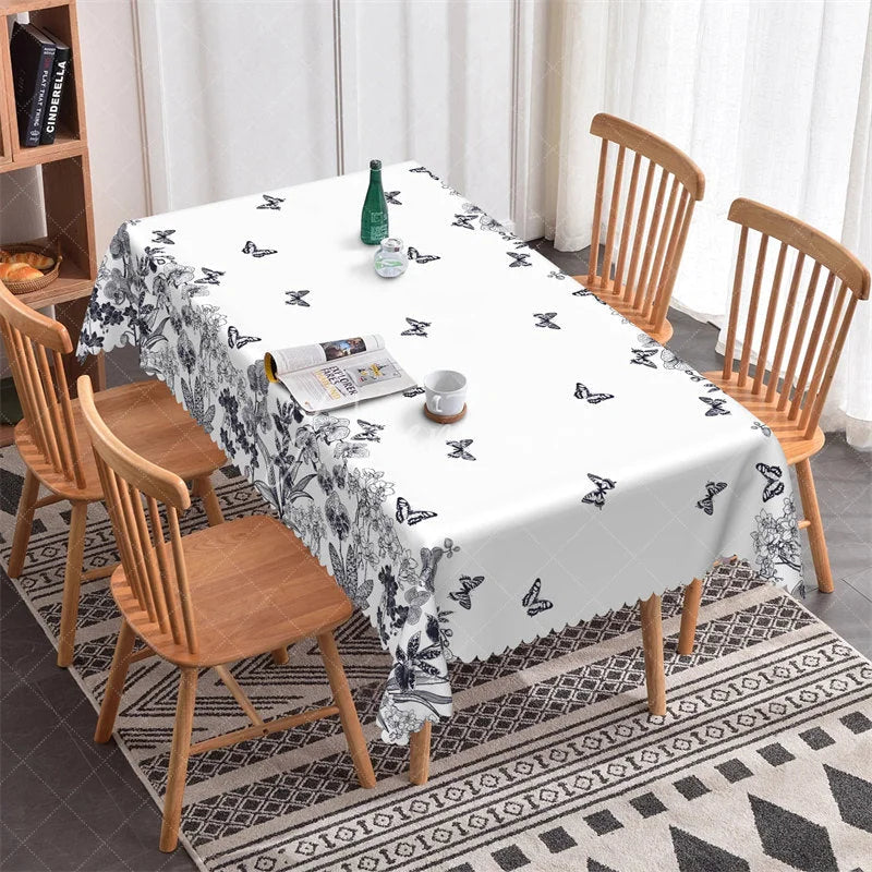 Aperturee - Aperturee Light Gray Butterfly and Floral Rectangle Tablecloth Elegant Scalloped Edge Dining Decor for Home