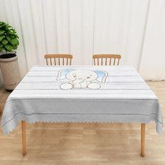 Aperturee - Aperturee Light Gray Striped Rectangle Tablecloth with Elephant Pattern for Safari Nursery or Baby Shower Decor