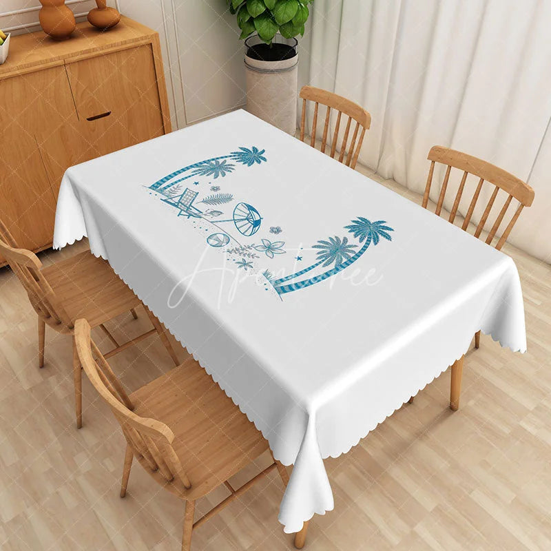 Aperturee - Aperturee Light Gray Tropical Palm Leaf Rectangle Tablecloth for Modern and Neutral Coastal Dining Decor