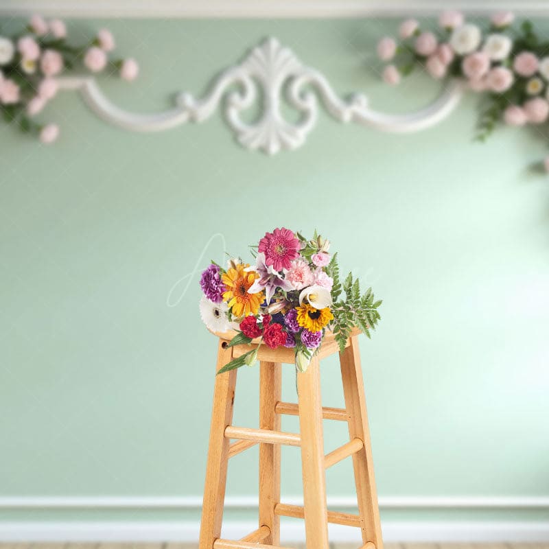 Aperturee - Aperturee Light Green Floral Accent Wall Wedding Photo Backdrop