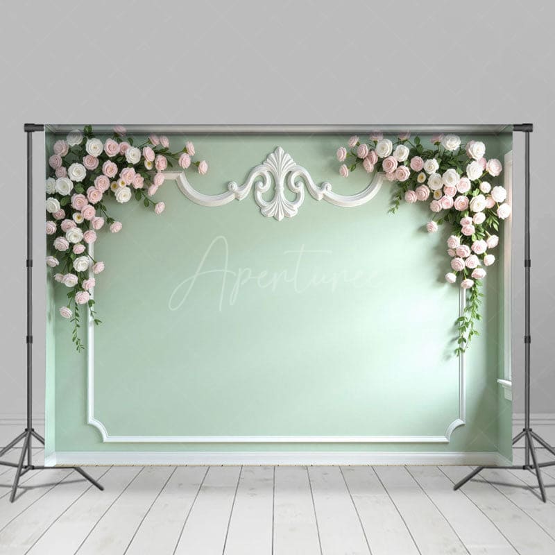 Aperturee - Aperturee Light Green Floral Accent Wall Wedding Photo Backdrop