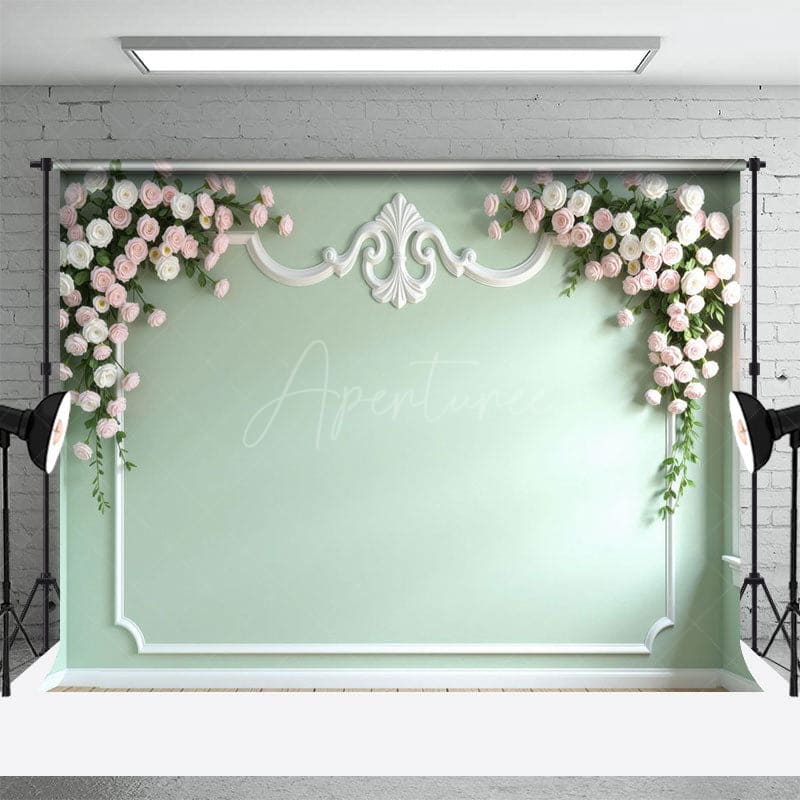 Aperturee - Aperturee Light Green Floral Accent Wall Wedding Photo Backdrop
