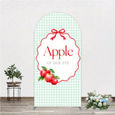 Aperturee - Aperturee Light Green Gingham Apple of Our Eye Round Top Arch Backdrop Red Bow and Apples Baby Shower Decor
