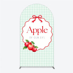 Aperturee - Aperturee Light Green Gingham Apple of Our Eye Round Top Arch Backdrop Red Bow and Apples Baby Shower Decor