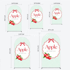 Aperturee - Aperturee Light Green Gingham Apple of Our Eye Round Top Arch Backdrop Red Bow and Apples Baby Shower Decor