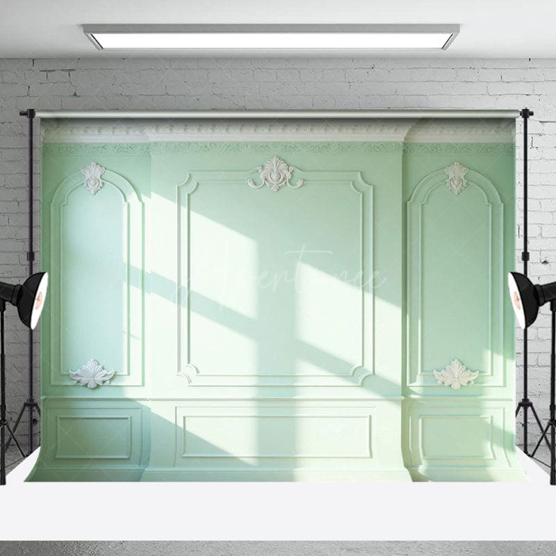 Aperturee - Aperturee Light Green Vintage Wall Floral Room Set Backdrop