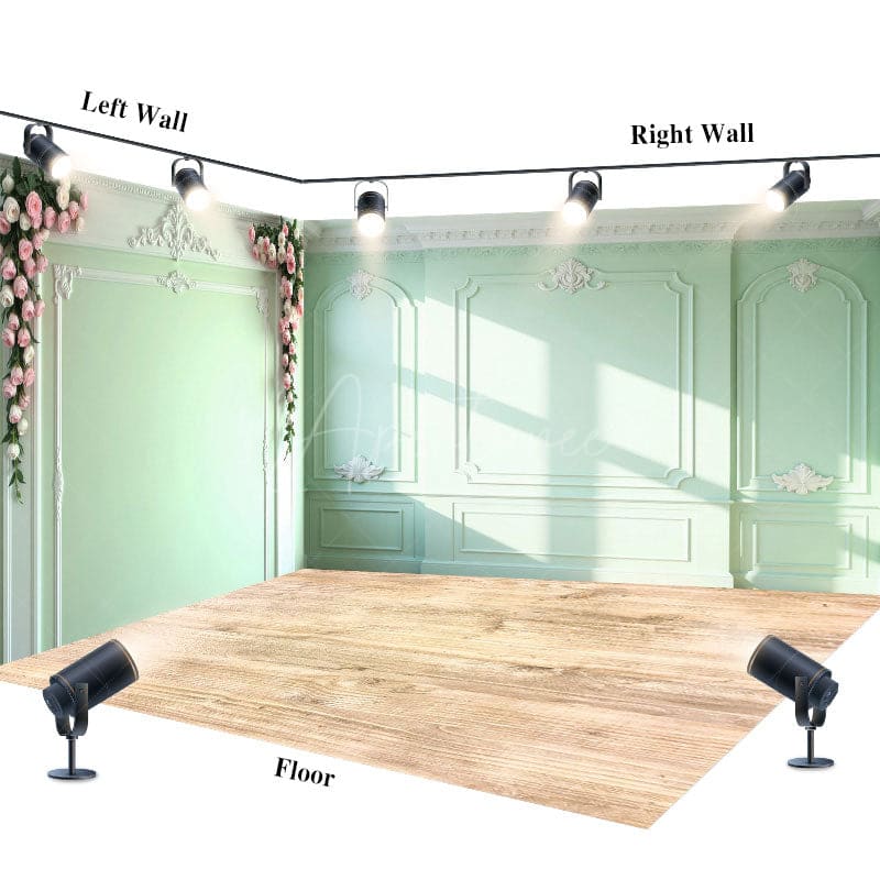 Aperturee - Aperturee Light Green Vintage Wall Floral Room Set Backdrop