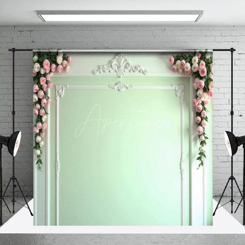 Aperturee - Aperturee Light Green Vintage Wall Floral Room Set Backdrop