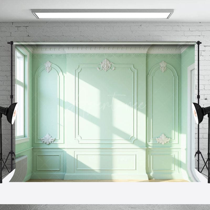 Aperturee - Aperturee Light Green Wall Wood Grain Floor Combo Set Backdrop
