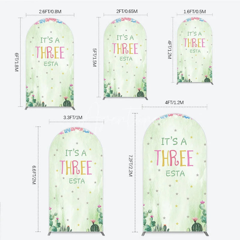 Aperturee - Aperturee Light Green Watercolor Mexican Fiesta Round Top Arch Backdrop It’s a Three Birthday Party with Cactus and Papel Picado