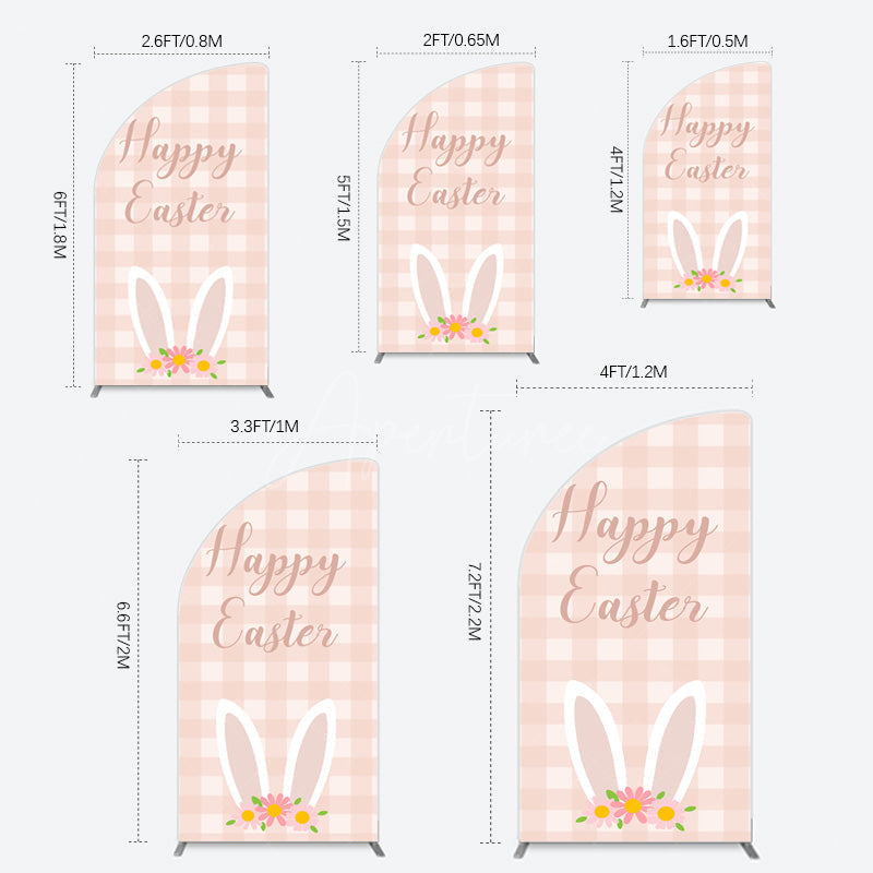 Aperturee - Aperturee Light Pink Plaid Floral Bunny Ear Easter Half Moon Arch Backdrop