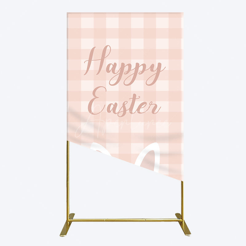Aperturee - Aperturee Light Pink Plaid Floral Bunny Ear Easter Rectangle Backdrop