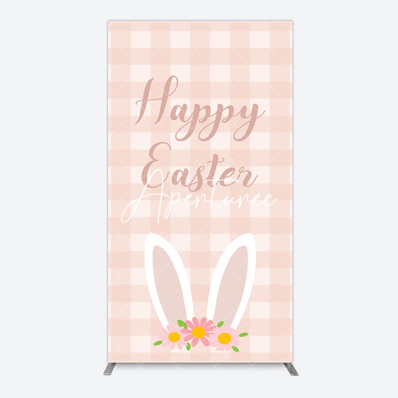 Aperturee - Aperturee Light Pink Plaid Floral Bunny Ear Easter Rectangle Backdrop