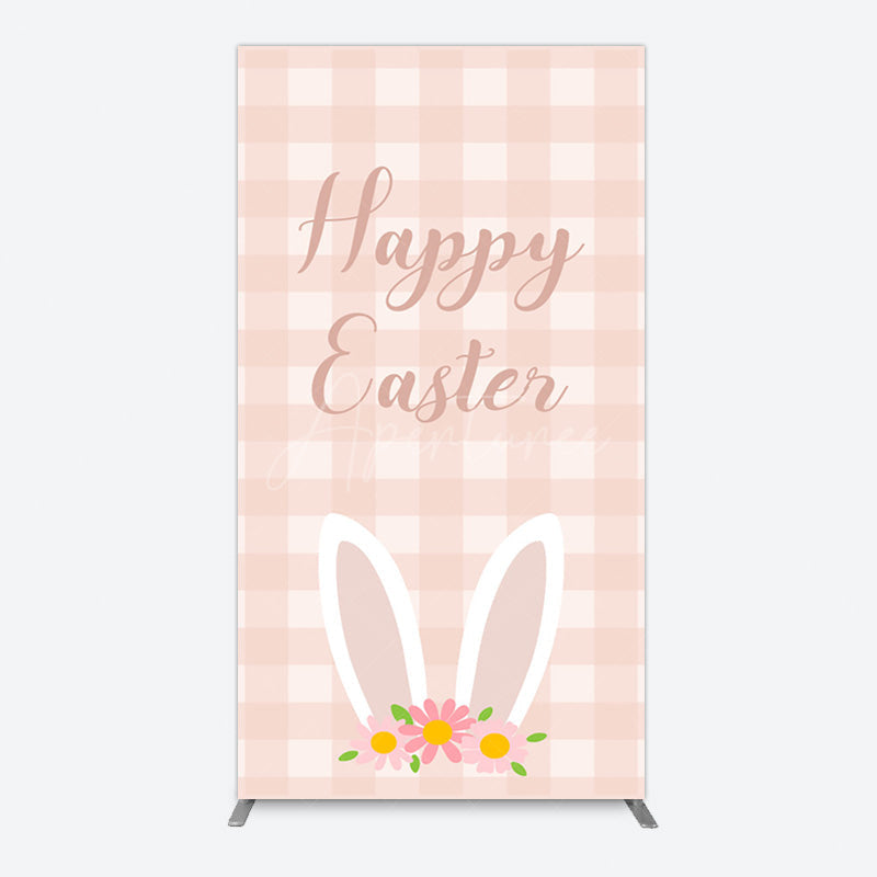Aperturee - Aperturee Light Pink Plaid Floral Bunny Ear Easter Rectangle Backdrop