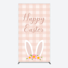 Aperturee - Aperturee Light Pink Plaid Floral Bunny Ear Easter Rectangle Backdrop
