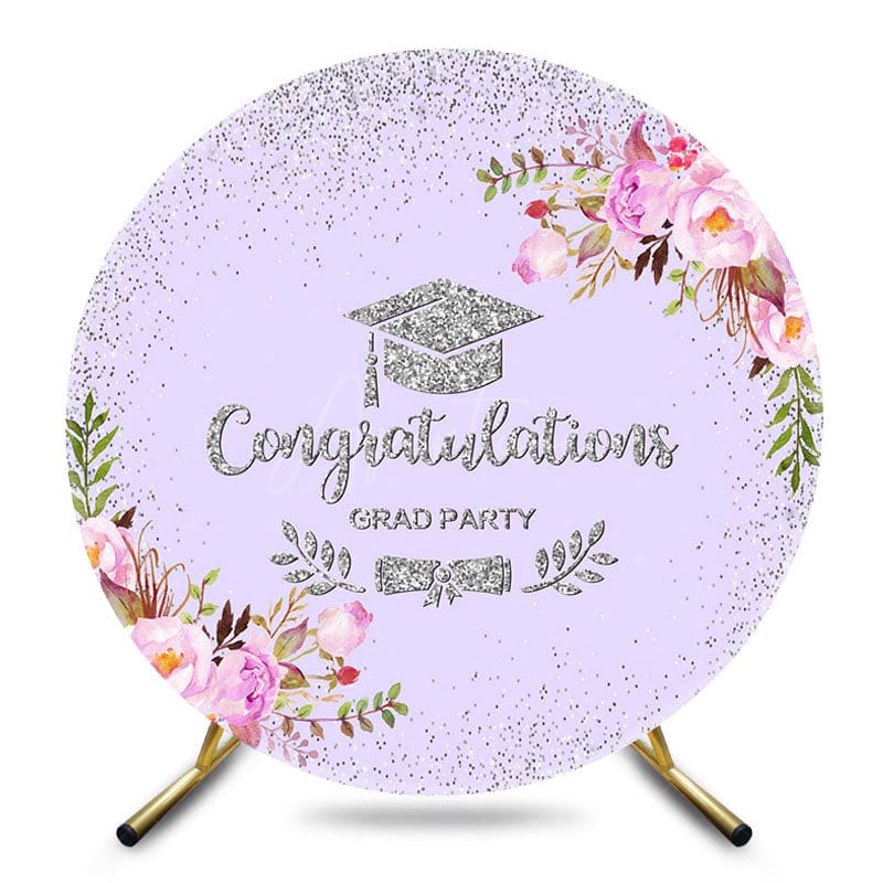 Aperturee - Aperturee Light Purple Floral Round Congrats Grad Backdrop