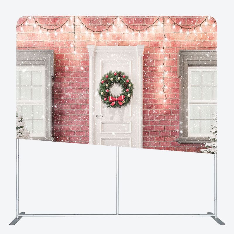 Aperturee - Aperturee Light Snowy Door Scene Brick Wall Christmas Backdrop