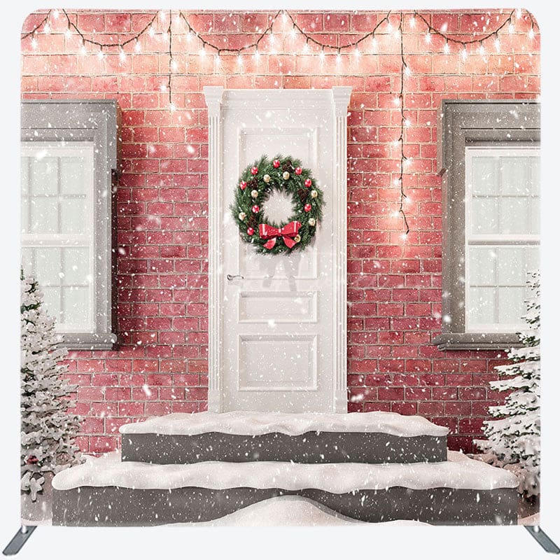 Aperturee - Aperturee Light Snowy Door Scene Brick Wall Christmas Backdrop