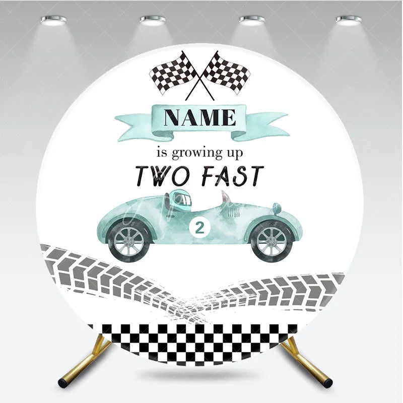 Aperturee - Aperturee Light Teal Vintage Race Car Two Fast Round Backdrop Checkered Flags Second Birthday Party Celebration