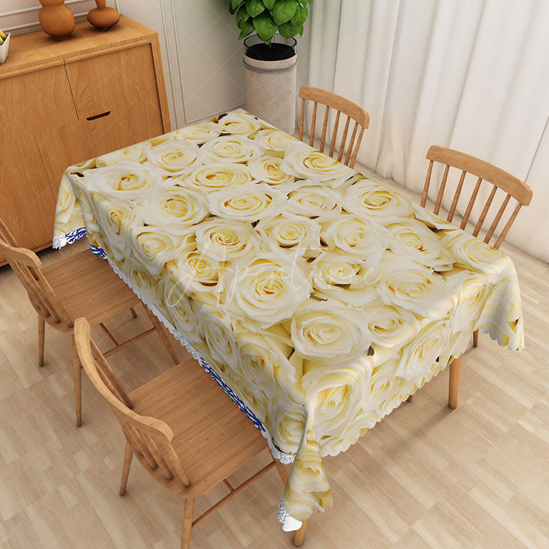 Aperturee - Aperturee Light Yellow Rose Rectangle Tablecloth with Blooming Flowers for Elegant Spring Wedding Reception