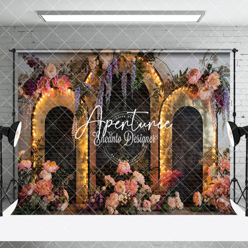 Aperturee - Aperturee Lighted Black Arch Floral Wedding Room Set Backdrop