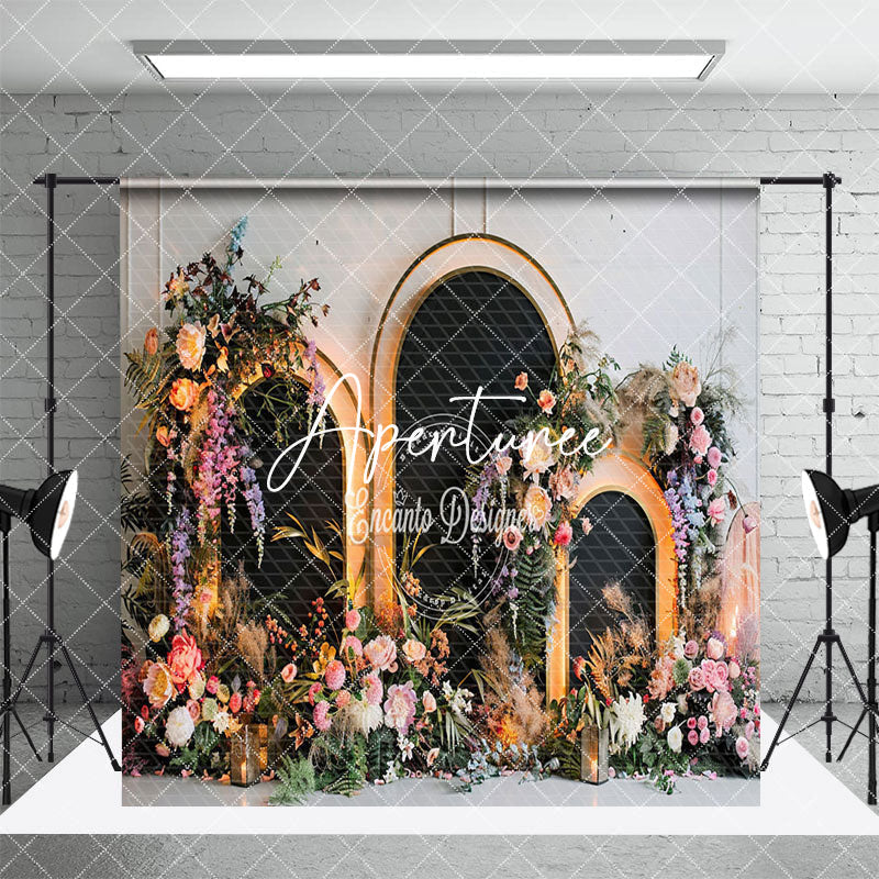 Aperturee - Aperturee Lighted Black Arch Floral Wedding Room Set Backdrop