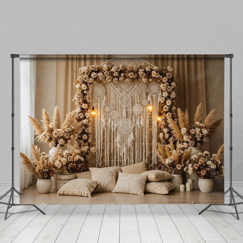 Aperturee - Aperturee Lighted Boho Floral Tassel Pillow Photo Backdrop