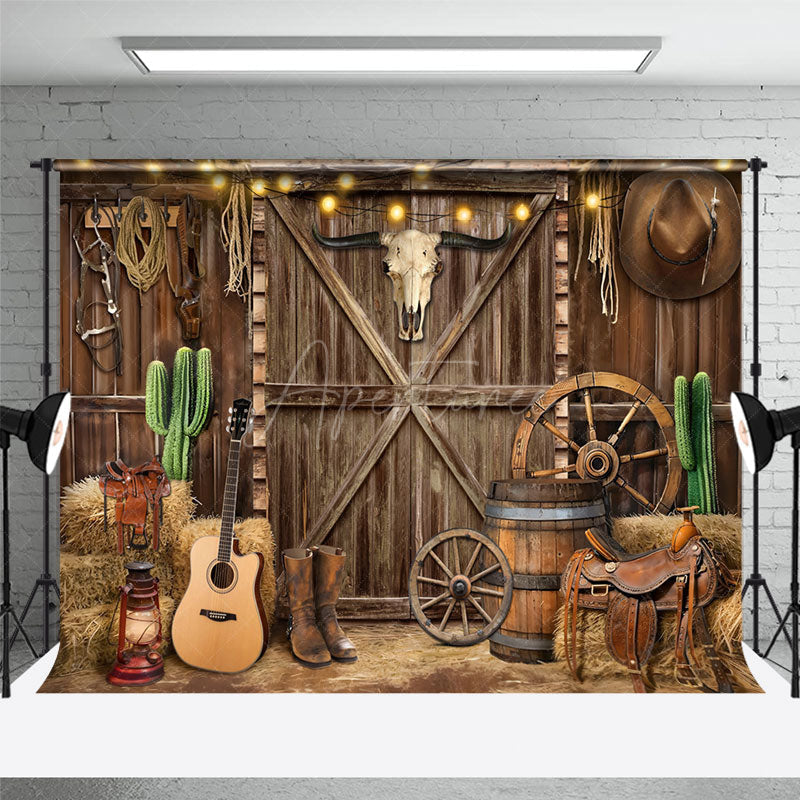 Aperturee - Aperturee Lighted Brown Western Cowboy Barn Room Set Backdrop