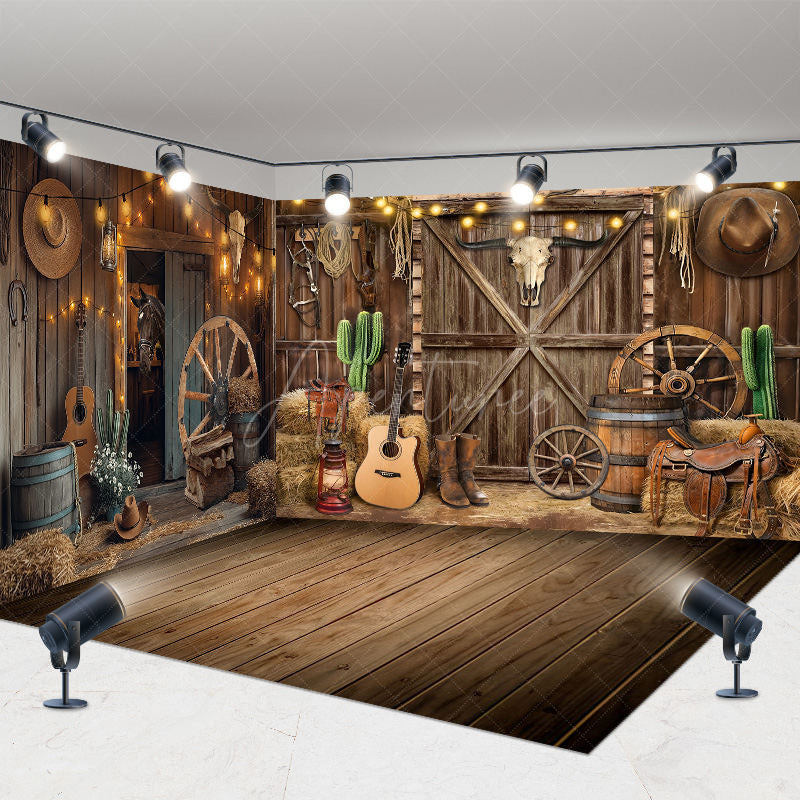 Aperturee - Aperturee Lighted Brown Western Cowboy Barn Room Set Backdrop