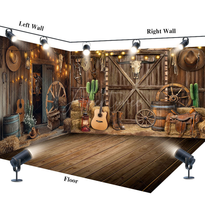 Aperturee - Aperturee Lighted Brown Western Cowboy Barn Room Set Backdrop