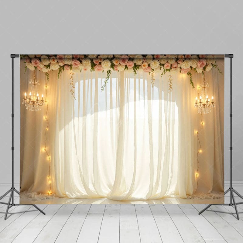 Aperturee - Aperturee Lighted Classy Floral Tulle Romantic Wedding Backdrop