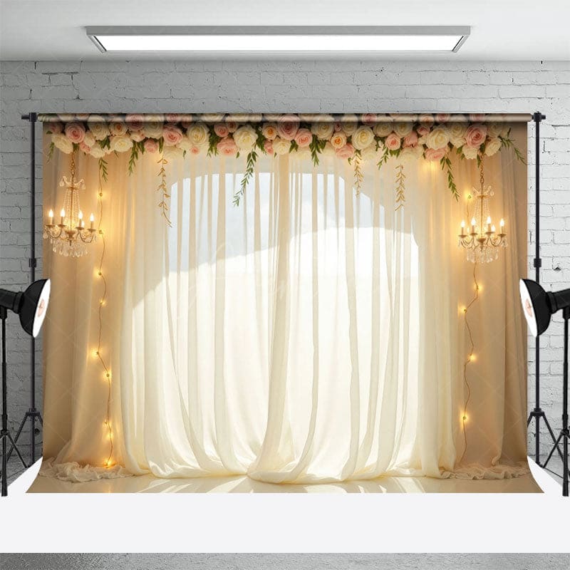 Aperturee - Aperturee Lighted Classy Floral Tulle Romantic Wedding Backdrop