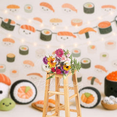 Aperturee - Aperturee Lighted Cute Sushi Wall Birthday Cake Smash Backdrop