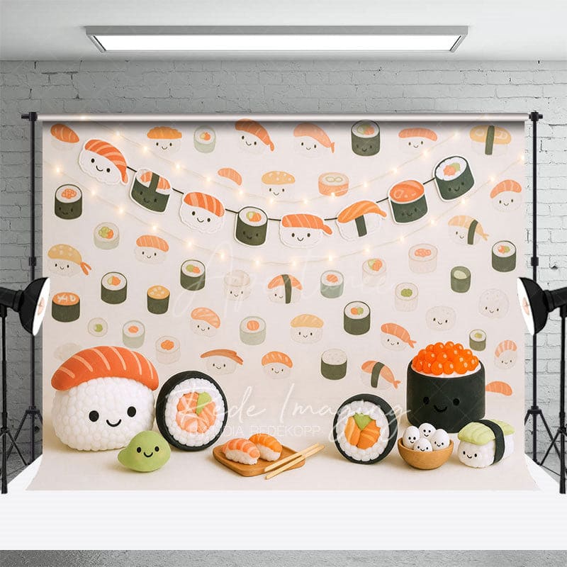 Aperturee - Aperturee Lighted Cute Sushi Wall Birthday Cake Smash Backdrop