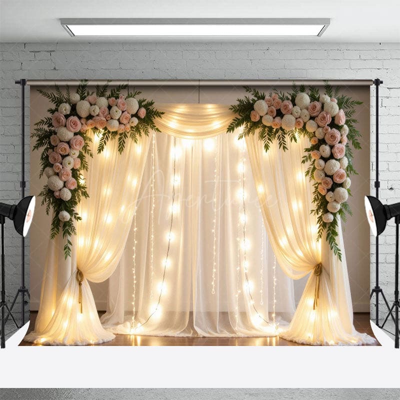 Aperturee - Aperturee Lighted Dreamy Floral Fairy Tulle Wedding Backdrop