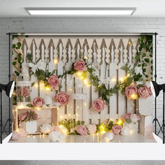 Aperturee - Aperturee Lighted White Fence Pink Rose Wedding Photo Backdrop