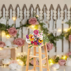 Aperturee - Aperturee Lighted White Fence Pink Rose Wedding Photo Backdrop