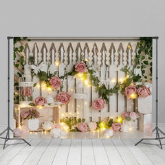 Aperturee - Aperturee Lighted White Fence Pink Rose Wedding Photo Backdrop