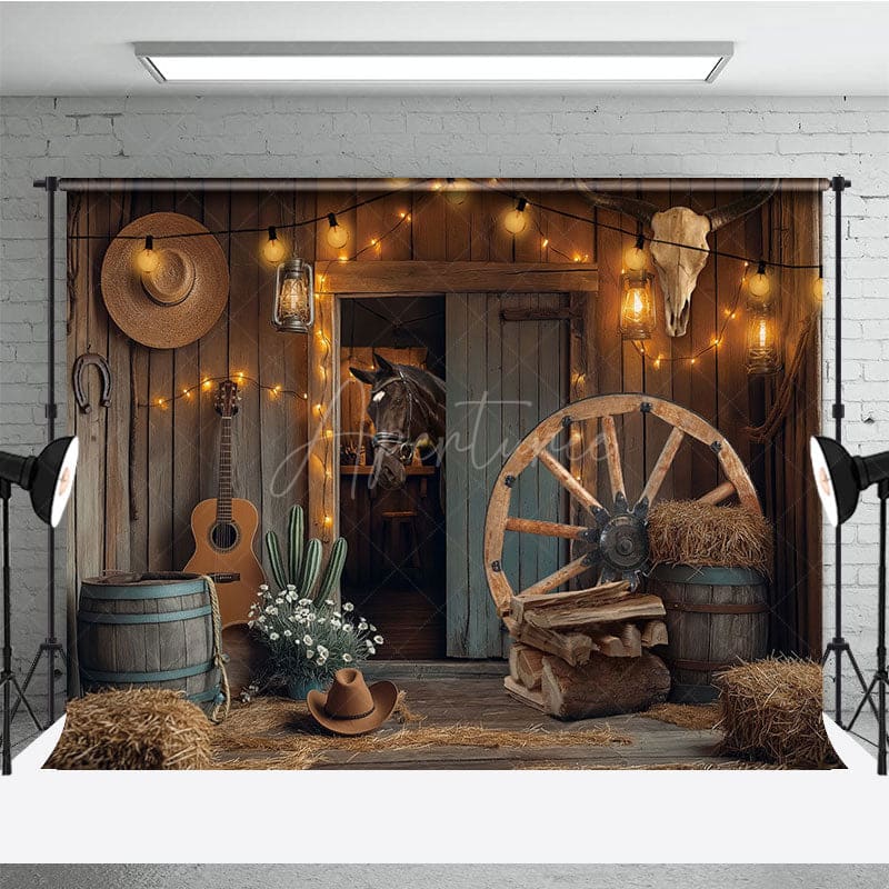 Aperturee - Aperturee Lighted Wooden Barn Horse Cowboy Cake Smash Backdrop