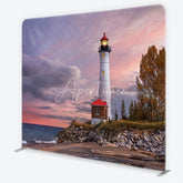 Aperturee - Aperturee Lighthouse Beach Sunset with Pink Purple Sky Autumn Trees Coastal Square Double-Sided Backdrop