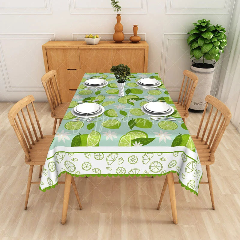 Aperturee - Aperturee Lime and Blossom Rectangle Tablecloth Tropical Citrus Pattern Dining Table Cover