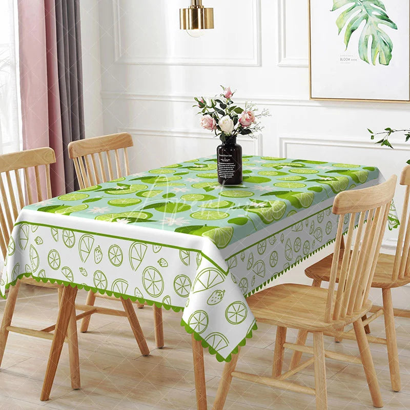 Aperturee - Aperturee Lime and Blossom Rectangle Tablecloth Tropical Citrus Pattern Dining Table Cover