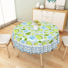Aperturee - Aperturee Lime Slices Mint and Ice Cubes Pattern Round Tablecloth Fresh Summer Drink Kitchen Decor
