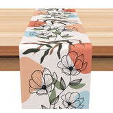 Aperturee - Aperturee Line Carving Style Floral Table Runner Abstract Botanical with Flowers and Grass Modern Minimalist Kitchen Decor