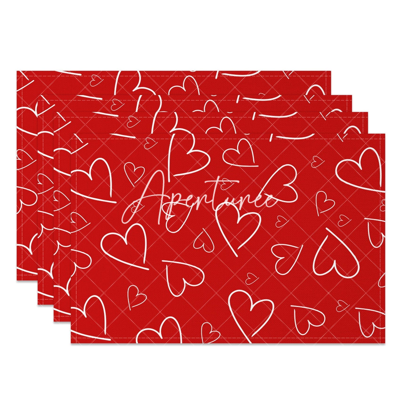 Aperturee - Aperturee Line Hearts Red Valentines Day Set Of 4 Placemats